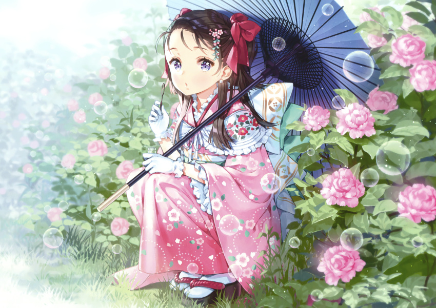 1girl ancotaku bangs bow brown_hair bubble_blowing day earrings flower frills full_body gloves hair_bow hair_ornament highres holding japanese_clothes jewelry kimono long_hair looking_at_viewer obi oriental_umbrella original outdoors parted_lips sandals sash scan squatting tabi umbrella violet_eyes white_gloves white_legwear wide_sleeves