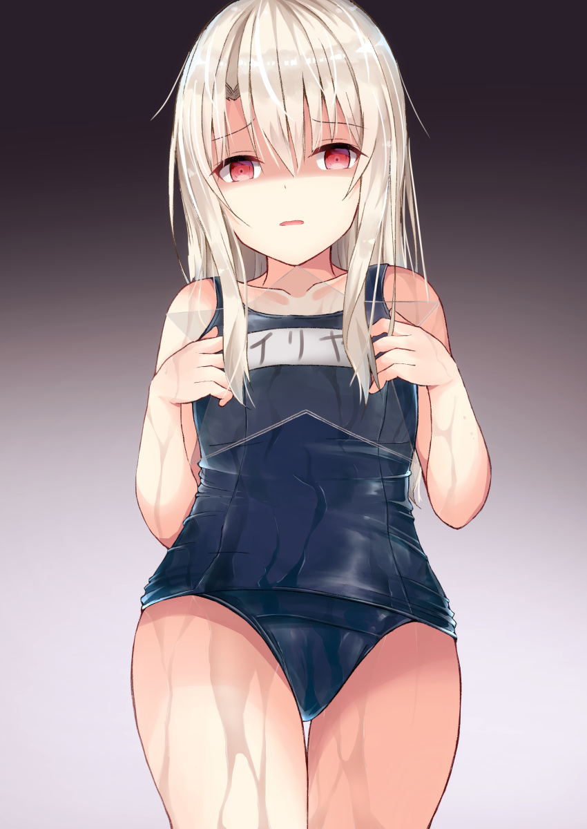 1girl absurdres bangs bare_arms bare_shoulders blue_swimsuit blush collarbone competition_school_swimsuit cowboy_shot eyebrows_visible_through_hair fate/kaleid_liner_prisma_illya fate_(series) from_below gradient gradient_background grey_hair highres holding illyasviel_von_einzbern long_hair looking_at_viewer looking_down name_tag parted_lips purple_background red_eyes school_swimsuit shaded_face shiny shiny_hair sidelocks solo star swimsuit thigh_gap thighs transparent water wet wet_clothes wet_swimsuit yuzuzukushi