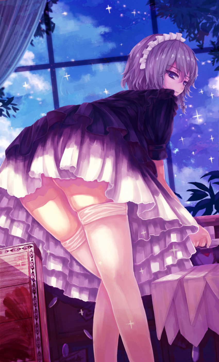 1girl ass bangs blue_dress blue_eyes bow braid clouds commentary_request curtains dead_line dress eyebrows_visible_through_hair feet_out_of_frame from_behind from_below grey_bow hair_between_eyes hair_bow highres holding indoors izayoi_sakuya leaning_forward looking_at_viewer looking_back maid maid_headdress night night_sky parted_lips petticoat plant puffy_short_sleeves puffy_sleeves revision short_hair short_sleeves silver_hair skindentation sky solo sparkle standing thigh-highs thighs touhou white_legwear window zettai_ryouiki