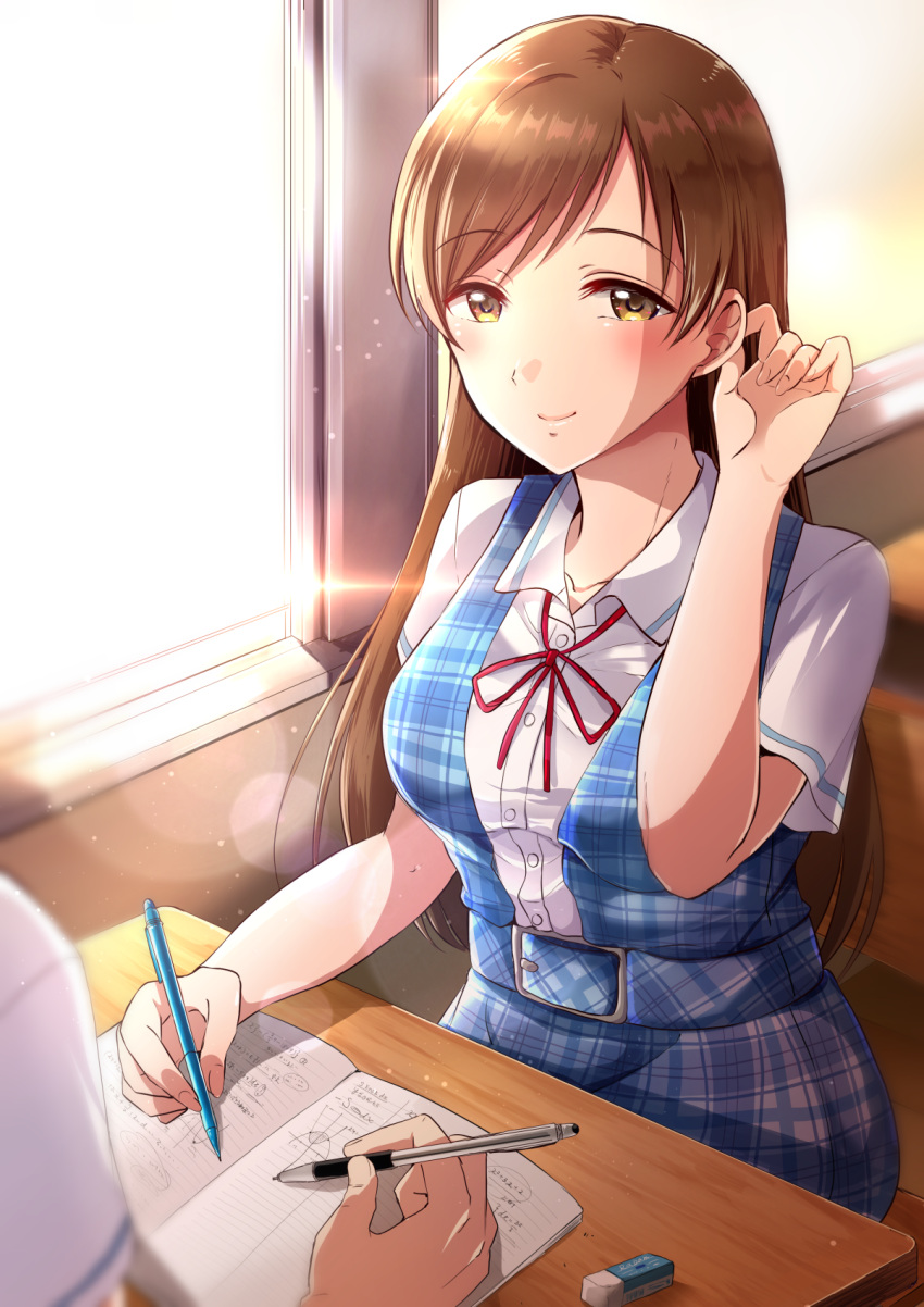 1boy 1girl adjusting_hair bangs belt belt_buckle blue_skirt blue_vest blush book breasts buckle chair classroom closed_mouth collarbone collared_shirt commentary_request day desk dress_shirt eraser eyebrows_visible_through_hair gen_(enji) hand_up highres holding holding_pen idolmaster idolmaster_cinderella_girls indoors lens_flare long_hair looking_at_viewer math medium_breasts neck_ribbon nitta_minami on_chair open_book out_of_frame pen pink_lips plaid plaid_skirt plaid_vest red_neckwear red_ribbon ribbon school_chair school_desk school_uniform shirt short_sleeves sitting skirt smile solo_focus straight_hair sunlight swept_bangs vest white_shirt window wing_collar yellow_eyes