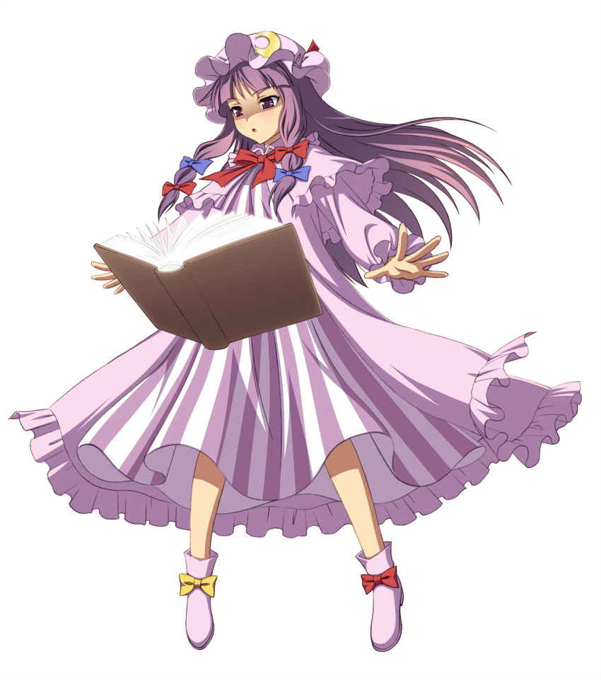 1girl :o absurdres book bow bow_footwear crescent crescent_hair_ornament dress full_body hair_bow hair_ornament hat highres long_sleeves mob_cap official_art open_book patchouli_knowledge pink_footwear purple_hair sidelocks simple_background striped striped_dress touhou violet_eyes white_background