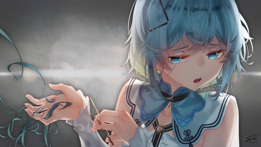 1girl artist_name blue_eyes blue_hair blush collarbone detached_sleeves eyebrows_visible_through_hair grey_background highres looking_at_viewer original parted_lips saraki scissors short_hair signature solo upper_body