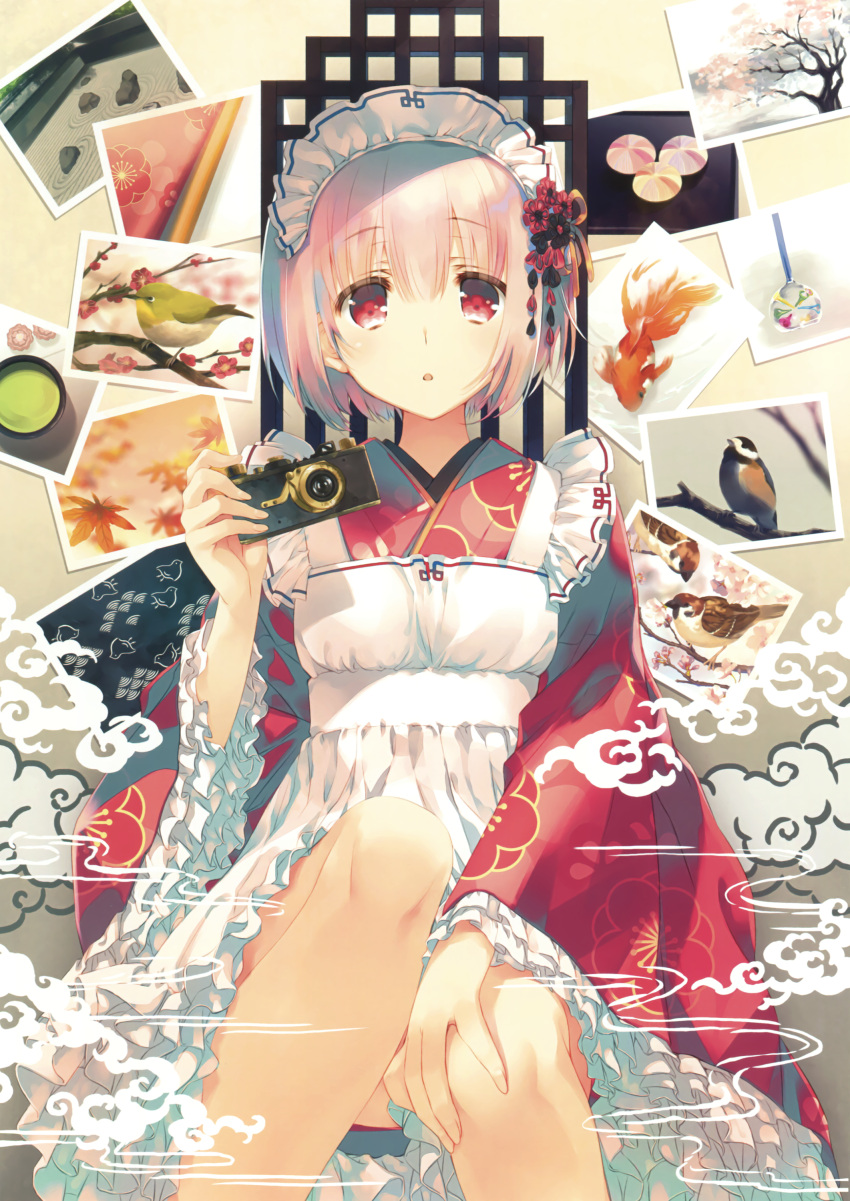 1girl absurdres animal bangs bird blush camera eyebrows_visible_through_hair fingernails fish floral_print frills hair_ornament highres holding japanese_clothes maid_headdress mitsumi_misato open_mouth original photo pink_hair red_eyes scan short_hair simple_background sitting solo wide_sleeves