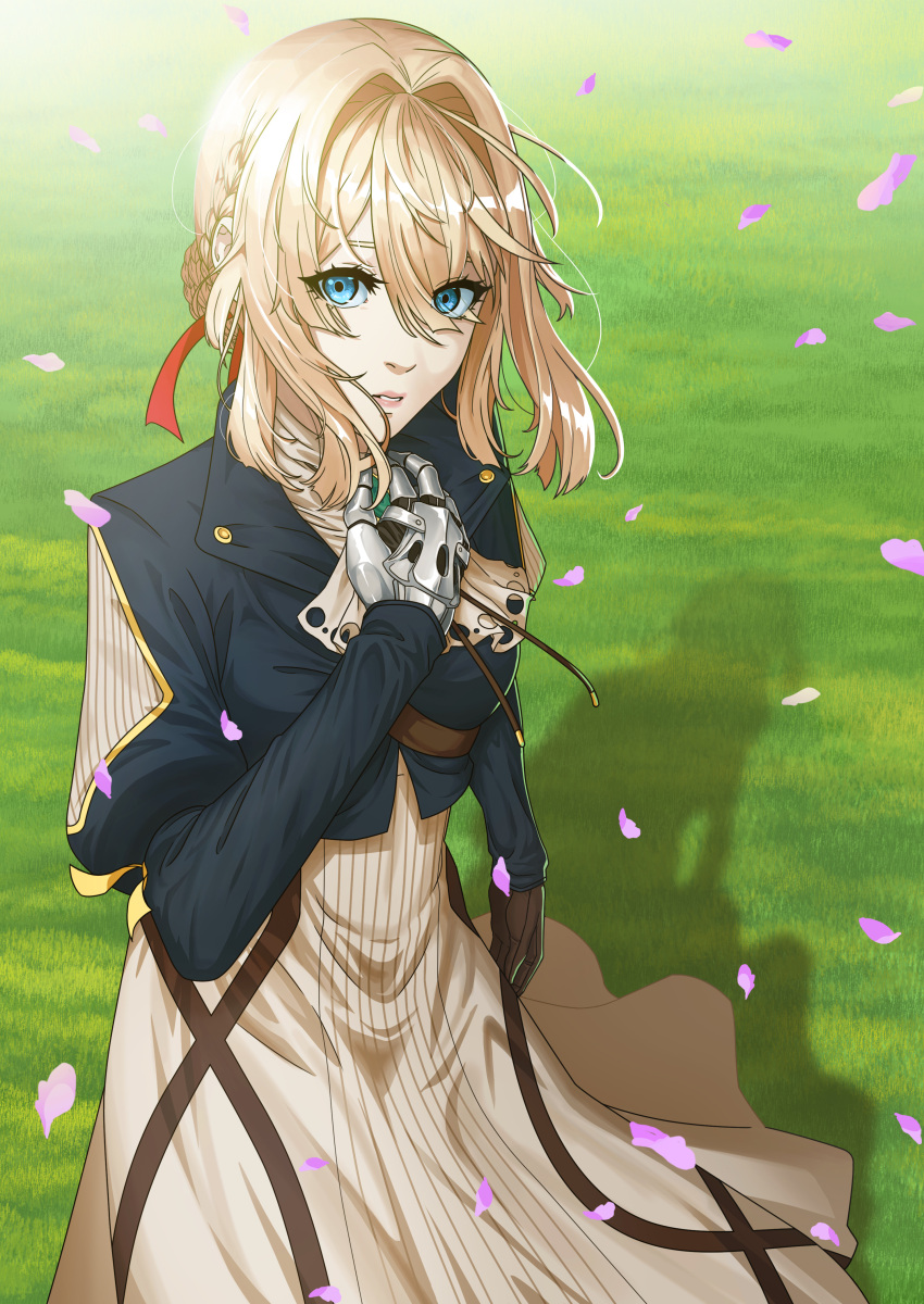 1girl absurdres blonde_hair blue_eyes braid brown_gloves dress eyebrows_visible_through_hair flower french_braid gloves grass hair_between_eyes hair_intakes hair_ribbon highres looking_at_viewer matoi92 mechanical_hands petals red_ribbon ribbon shadow single_glove solo violet_evergarden violet_evergarden_(character)
