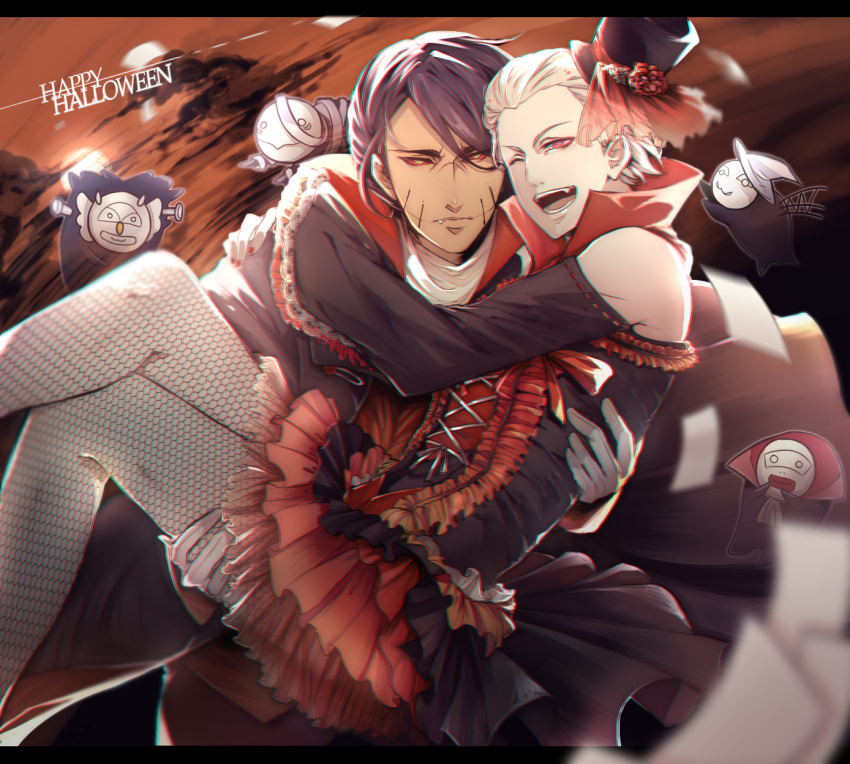 2boys carrying chinro chromatic_aberration crossdressinging dark_skin dress fang fishnet_pantyhose fishnets halloween happy_halloween hat hidan highres kakuzu looking_at_viewer male_focus mini_hat mini_top_hat multiple_boys naruto naruto_(series) naruto_shippuuden one_eye_closed pantyhose princess_carry red_eyes smile top_hat yaoi