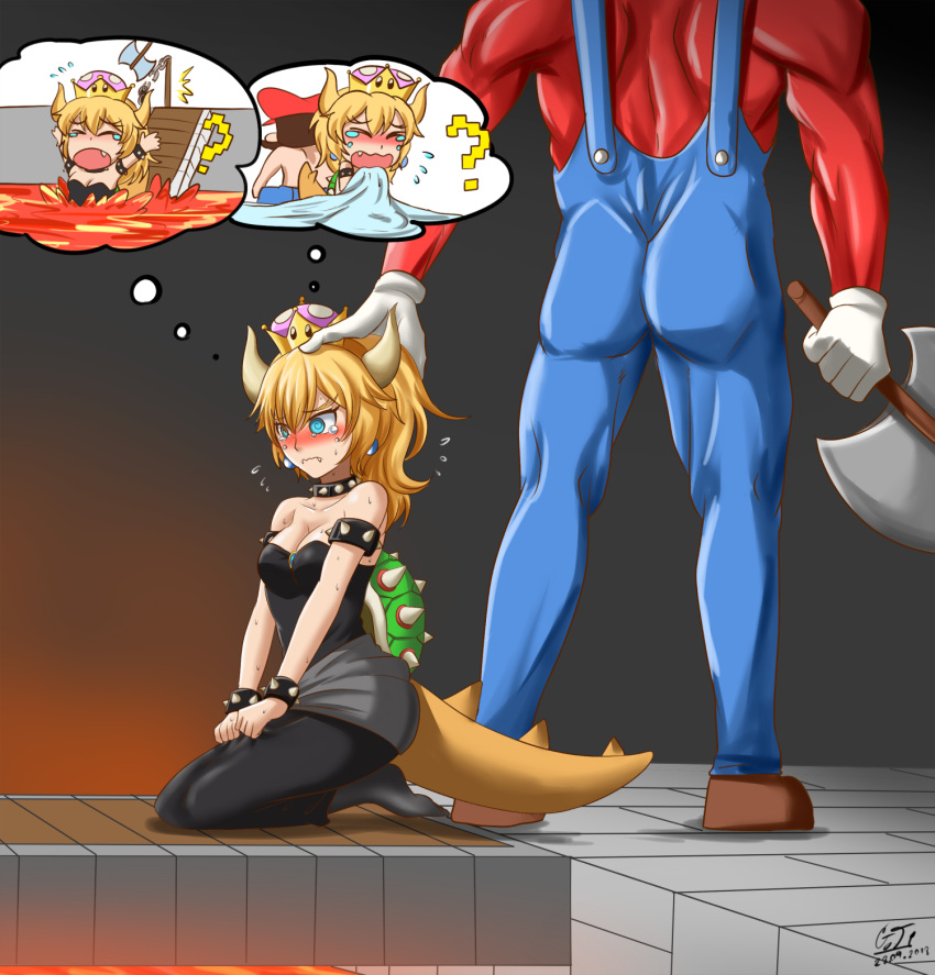 1boy 1girl ? aftersex artist_request ax blush bowsette bridge commentary english_commentary fang genderswap genderswap_(mtf) hand_on_head hetero highres horns lava mario muscle new_super_mario_bros._u_deluxe nintendo sitting submissive super_crown super_mario_bros. sweating tearing_up thought_bubble turtle_shell