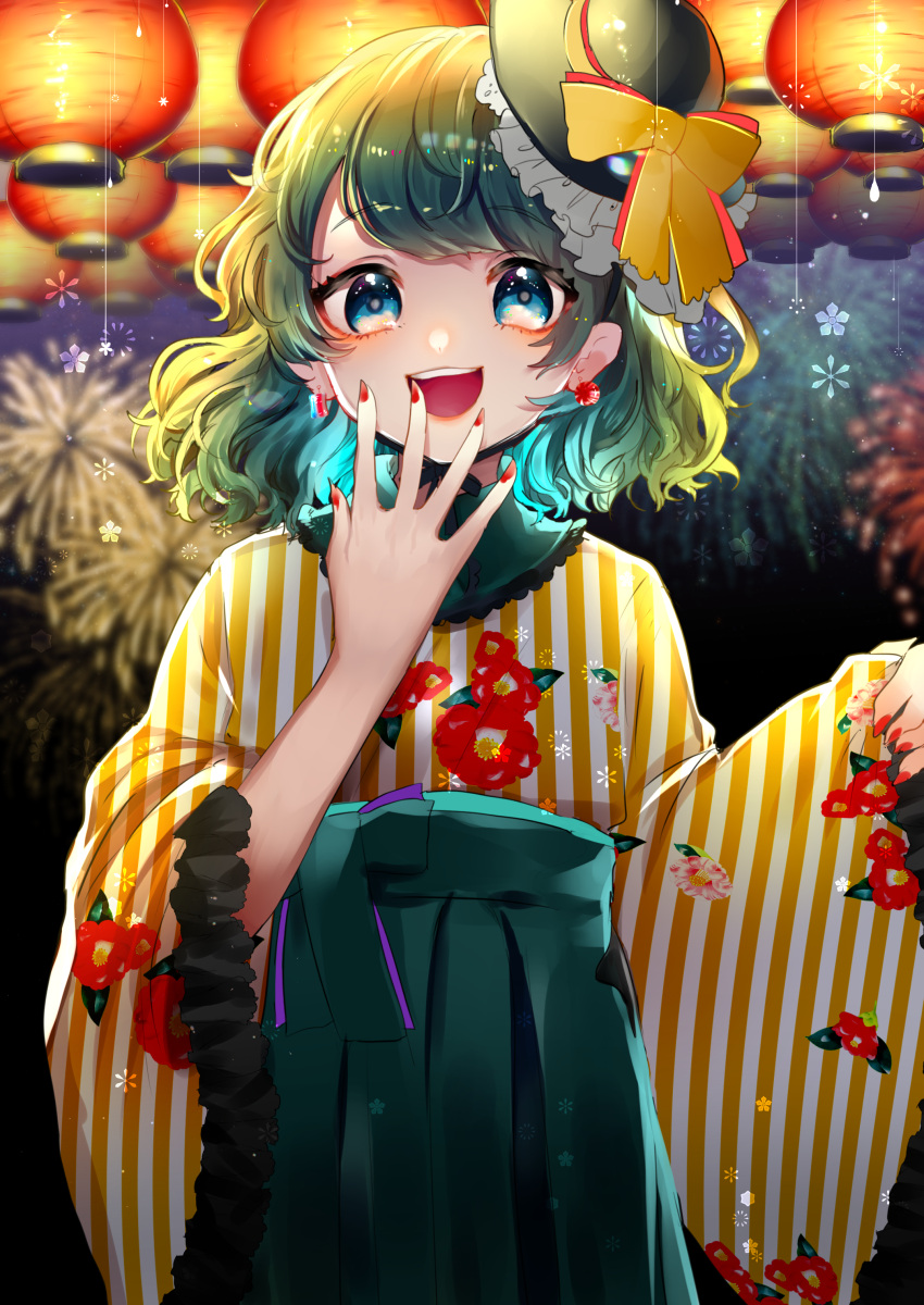 1girl :d absurdres bangs black_background black_hat blue_eyes bow chin_strap commentary_request earrings eyebrows_visible_through_hair floral_print frilled_shirt_collar frilled_sleeves frills gradient gradient_background green_hair green_hakama hakama hand_up hat hat_bow highres japanese_clothes jewelry kimono komeiji_koishi lantern long_sleeves looking_at_viewer mini_hat nail_polish open_mouth paper_lantern purple_background red_bow red_nails smile solo striped suzune_hapinesu swept_bangs touhou upper_body vertical-striped_kimono vertical_stripes white_kimono wide_sleeves yellow_bow yellow_kimono