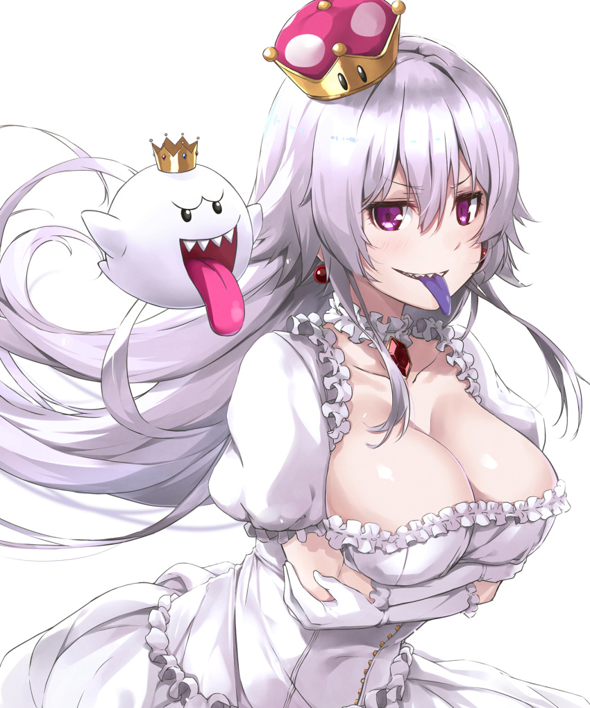 1girl black_eyes breast_hold breasts cleavage commentary_request covered_navel crown dress earrings elbow_gloves eyebrows_visible_through_hair floating frilled_sleeves frills gem ghost gloves grey_hair hair_between_eyes highres jewelry king_boo large_breasts leaning_forward looking_at_viewer luigi's_mansion super_mario_bros. nanaku_teiru neck_garter new_super_mario_bros._u_deluxe nintendo open_mouth parted_lips princess_king_boo puffy_short_sleeves puffy_sleeves purple_tongue sharp_teeth shiny shiny_hair short_sleeves simple_background super_crown teeth tongue tongue_out upper_body upper_teeth v-shaped_eyebrows violet_eyes white_background white_dress white_gloves