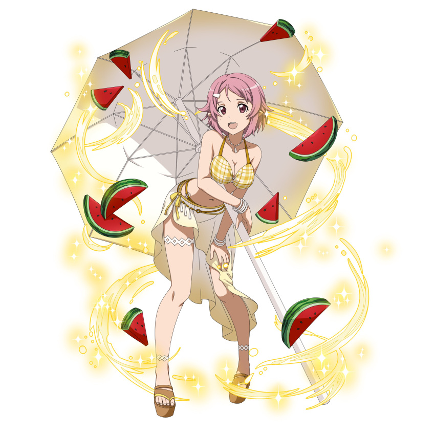 1girl :d absurdres bangs breasts cleavage collarbone feet food fruit full_body hair_ornament hairclip hand_on_lap highres jewelry leaning_forward lisbeth lisbeth_(sao-alo) looking_at_viewer medium_breasts navel necklace official_art open_mouth parasol parted_bangs pink_eyes pink_hair pointy_ears sarong short_hair simple_background smile solo standing sword_art_online sword_art_online:_code_register thigh_strap toes umbrella watermelon white_background yellow_bikini_top