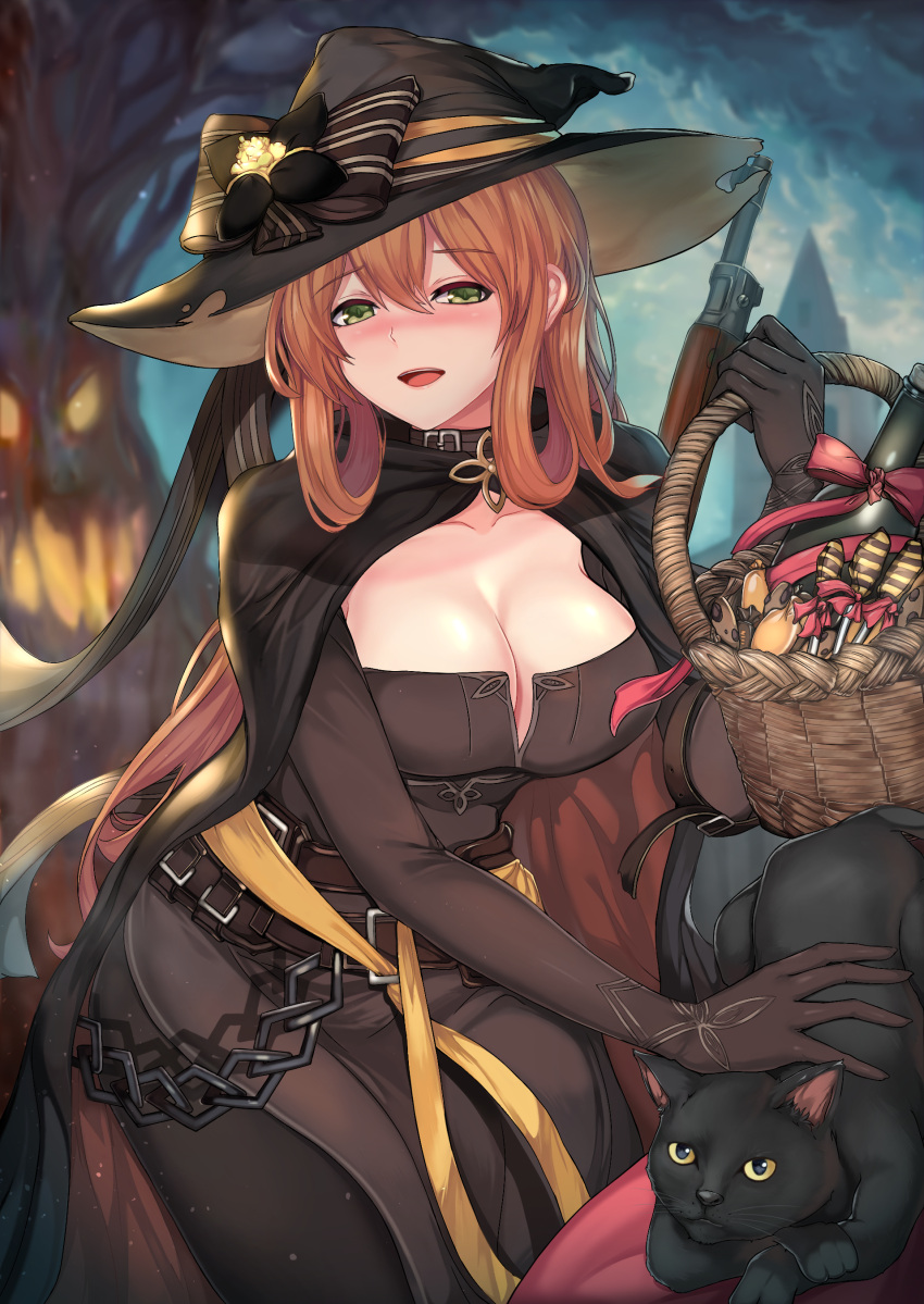 1girl :d absurdres alternate_costume alternate_hairstyle bangs basket belt beluga_dolphin black_cat black_legwear blurry blurry_background blush bolt_action bow breasts brown_dress brown_gloves brown_hair buckle candy cape cat chains cleavage clouds cloudy_sky collar dress elbow_gloves evening eyebrows_visible_through_hair food girls_frontline gloves green_eyes gun hair_between_eyes hair_rings halloween hat hat_bow hat_ribbon highres holding holding_basket large_breasts long_hair looking_at_viewer m1903_springfield m1903_springfield_(girls_frontline) multiple_belts night open_mouth outdoors pantyhose ponytail ribbon rifle side_slit sidelocks sky smile solo tower tree weapon witch_hat