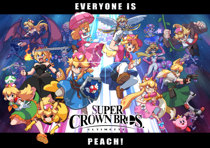 6+girls adapted_costume angel_wings blonde_hair blooper bodysuit bowsette breathing_fire captain_falcon character_name claws commentary creatures_(company) crown donkey_kong donkey_kong_(series) doubutsu_no_mori dress everyone f-zero fire fire_emblem fox_mccloud game_&amp;_watch game_freak ganondorf gen_1_pokemon genderswap glowing glowing_eyes helmet ice_climber ice_climbers ike inkling john_su kirby kirby_(series) kneehighs lens_flare link logo looking_at_viewer mario super_mario_bros. master_sword metroid mini_crown monado monster_girl mother_(game) mother_2 mr._game_&amp;_watch multiple_girls nana_(ice_climber) necktie ness new_super_mario_bros._u_deluxe nintendo olimar parody pikachu pikmin_(series) pit_(kid_icarus) plant pokemon princess_peach ragnell revision ridley salute samus_aran scarf shield shorts_under_dress shulk splatoon splattershot_(splatoon) star_fox strap super_crown super_mario_bros. super_mushroom super_smash_bros. super_smash_bros._ultimate sword tentacle_hair the_legend_of_zelda thigh-highs tongue tongue_out umbrella varia_suit villager_(doubutsu_no_mori) vines weapon wings xenoblade_(series) xenoblade_1 yoshi