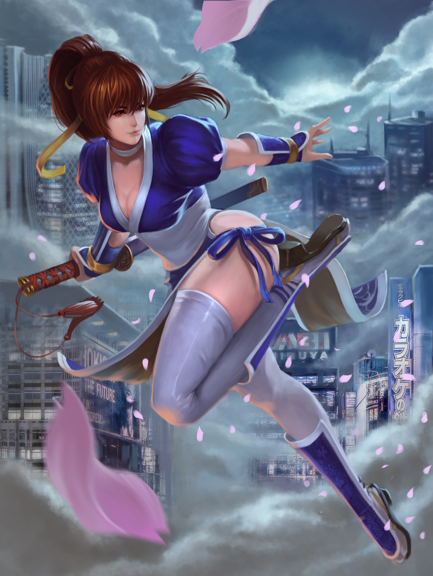 1girl absurdres bangs billboard breasts brown_eyes brown_hair building cherry_blossoms choker cityscape cleavage closed_mouth clouds cloudy_sky commentary dead_or_alive hair_between_eyes high_ponytail highres holding holding_sword holding_weapon kasumi_(doa) long_hair medium_breasts ninja outstretched_arm pelvic_curtain ponytail ribbon sash shin_guards sky skyscraper slippers smoke sword tassel thigh-highs thighs weapon white_legwear xleontan yellow_ribbon