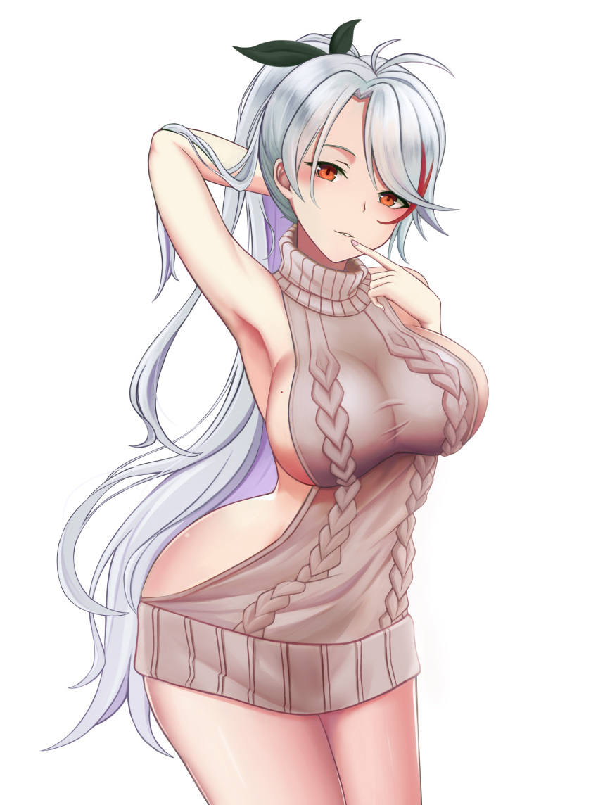 1girl absurdres alternate_costume alternate_hairstyle antenna_hair aran_sweater arm_behind_head armpits azur_lane bangs bikini black_bikini blush breasts cleavage cowboy_shot eyebrows_visible_through_hair finger_to_mouth hair_between_eyes highres large_breasts long_hair looking_at_viewer meme_attire mole mole_on_breast multicolored_hair nail_polish parted_lips pink_nails ponytail prinz_eugen_(azur_lane) qiye_luoying redhead ribbon see-through silver_hair simple_background smile solo streaked_hair sweater swimsuit taut_clothes thighs turtleneck turtleneck_sweater very_long_hair virgin_killer_sweater white_background