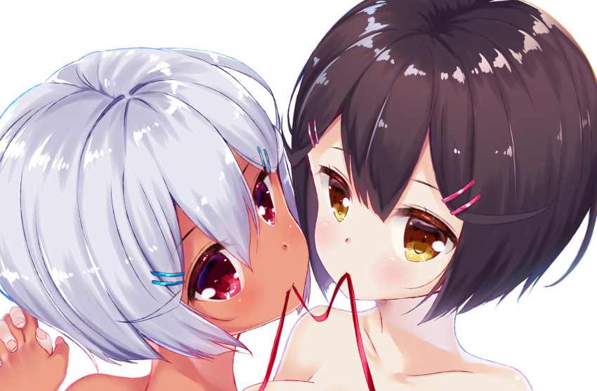 2girls bangs bloom blunt_ends blush bob_cut brown_hair closed_mouth collarbone commentary_request eyebrows_visible_through_hair eyes_visible_through_hair hair_between_eyes hair_ornament hairclip highres interlocked_fingers ko_yu looking_at_viewer mouth_hold multiple_girls original parted_bangs portrait red_eyes red_ribbon ribbon ribbon_in_mouth shiny shiny_hair short_hair siblings silver_hair simple_background twins twisted_neck very_short_hair white_background yellow_eyes