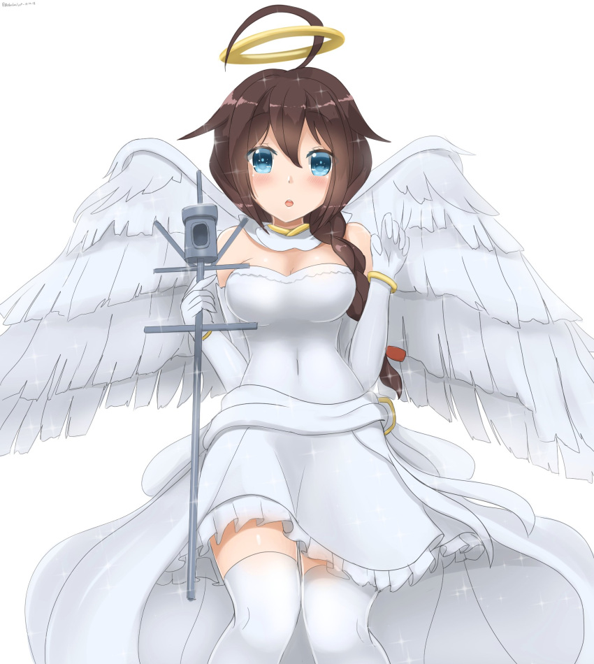 1girl ahoge alternate_costume angel angel_wings bare_shoulders blue_eyes blush braid breasts brown_hair check_commentary commentary commentary_request dress elbow_gloves gloves hair_flaps halo highres kantai_collection long_hair looking_at_viewer medium_breasts open_mouth redundant-cat shigure_(kantai_collection) simple_background single_braid solo standing white_background white_dress wings