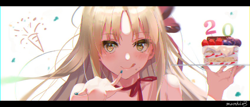 1girl absurdres blonde_hair cake food happy_birthday highres letterboxed long_hair looking_at_viewer maoushiori3 nail_polish nijisanji off_shoulder sister_cleaire smile tagme tongue tongue_out virtual_youtuber white_background yellow_eyes