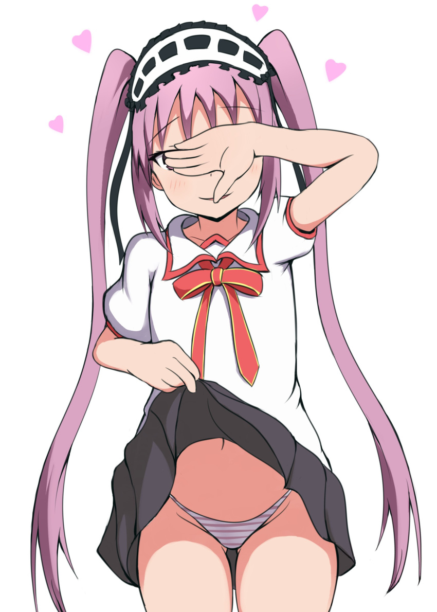 1girl absurdres arm_up bangs black_skirt blush bow commentary_request cowboy_shot eyebrows_visible_through_hair fate/hollow_ataraxia fate_(series) gluteal_fold groin head_tilt heart highres homurahara_academy_uniform lifted_by_self long_hair looking_at_viewer mitchi navel panties parted_lips pleated_skirt puffy_short_sleeves puffy_sleeves purple_hair red_bow school_uniform shirt short_sleeves sidelocks simple_background skirt skirt_lift smile solo stheno striped striped_panties twintails underwear very_long_hair white_background white_shirt