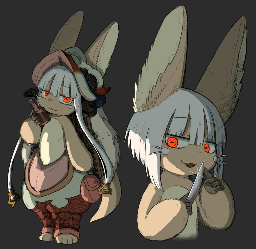 1other :3 alternate_eye_color alternate_hair_length alternate_hairstyle ambiguous_gender animal_ears black_background closed_mouth eyebrows_visible_through_hair furry highres holding holding_knife kawasemi27 knife looking_at_viewer made_in_abyss nanachi_(made_in_abyss) open_mouth red_eyes short_hair simple_background smile sparkle white_hair