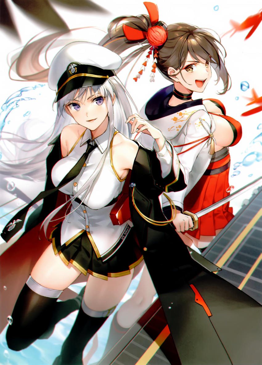 2girls :d azur_lane black_legwear blurry breasts brown_eyes brown_hair choker cleavage cropped depth_of_field dress enterprise_(azur_lane) eyeliner hat highres hood hoodie katana kneehighs large_breasts long_hair makeup military_hat multiple_girls necktie off_shoulder official_art open_mouth pleated_skirt ponytail red_dress scan shirt single_sidelock skirt sleeveless sleeveless_shirt smile standing standing_on_one_leg sword thigh-highs tokki violet_eyes weapon white_hair zettai_ryouiki zuikaku_(azur_lane)