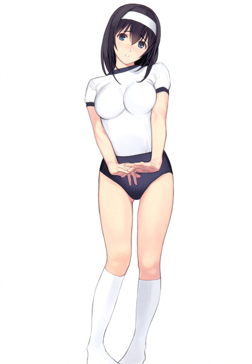 1girl absurdres bangs black_hair blue_eyes blush breasts buruma eyebrows_visible_through_hair full_body gym_uniform hairband hands_together highres interlocked_fingers looking_at_viewer medium_breasts mibu_natsuki original parted_lips scan short_hair short_sleeves simple_background socks solo white_background white_legwear