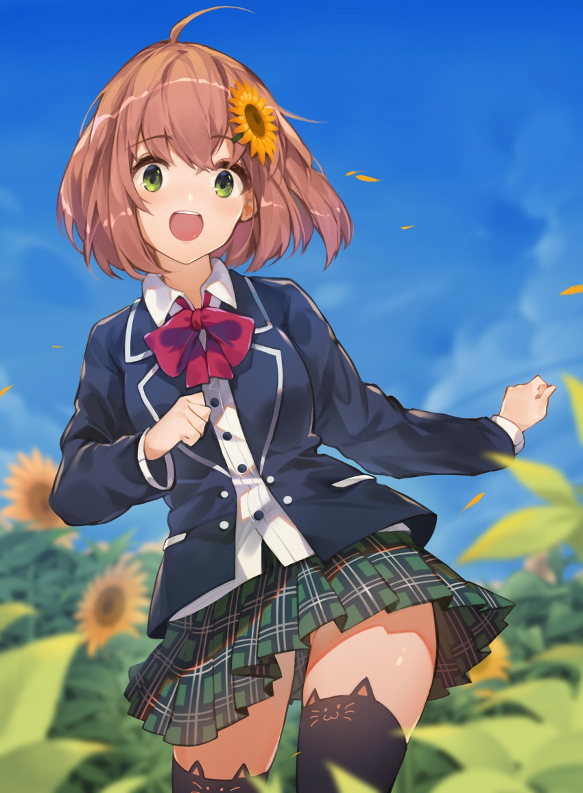 1girl ahoge blazer blurry blurry_background brown_hair flower green_eyes hair_flower hair_ornament hana_mori highres honma_himawari jacket long_sleeves nijisanji open_mouth pleated_skirt school_uniform short_hair skirt sky smile sunflower_hair_ornament thigh-highs virtual_youtuber zettai_ryouiki