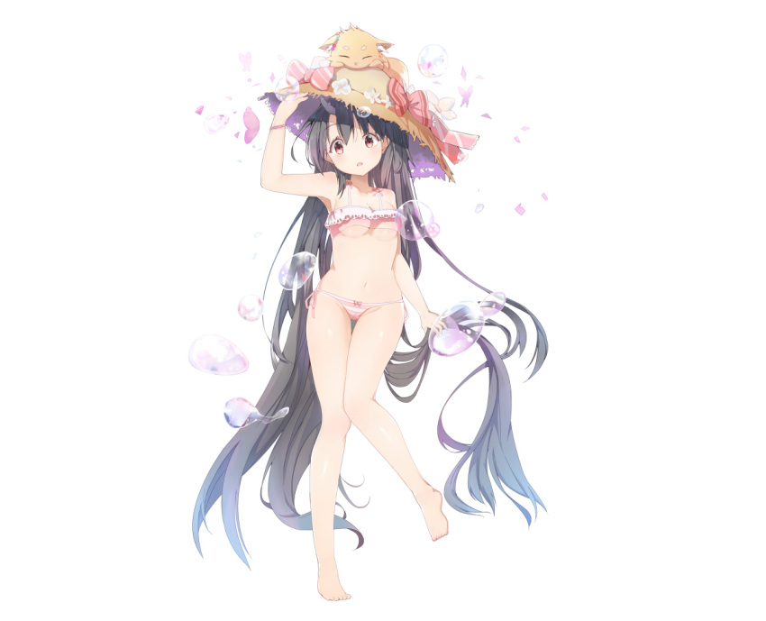 1girl arm_up bangs bare_arms bare_legs bare_shoulders barefoot bikini blush bow_bikini breasts brown_hair bubble character_request collarbone eyebrows_visible_through_hair hair_between_eyes hand_on_headwear hat head_tilt holding holding_hair horns kai-ri-sei_million_arthur long_hair looking_at_viewer medium_breasts million_arthur_(series) mitu_yang navel official_art parted_lips pink_bikini red_eyes side-tie_bikini simple_background solo standing standing_on_one_leg straw_hat striped striped_bikini_bottom swimsuit thigh_gap very_long_hair white_background