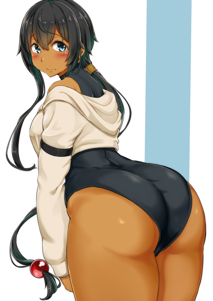 1girl ass bare_shoulders black_hair black_leotard blue_eyes blush breasts commentary_request curvy dark_skin embarrassed from_behind frown highres hips huge_ass leotard long_hair looking_at_viewer looking_back medium_breasts original solo thick_thighs thighs very_long_hair wide_hips yuzu_lemon