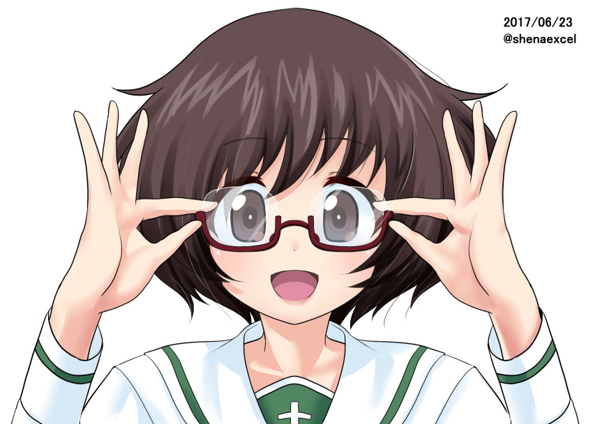 1girl adjusting_eyewear akiyama_yukari bangs bespectacled blouse brown-framed_eyewear brown_eyes brown_hair commentary_request dated excel_(shena) eyebrows_visible_through_hair girls_und_panzer glasses highres lips long_sleeves looking_at_viewer messy_hair ooarai_school_uniform open_mouth portrait school_uniform semi-rimless_eyewear serafuku short_hair simple_background smile solo twitter_username under-rim_eyewear white_background white_blouse