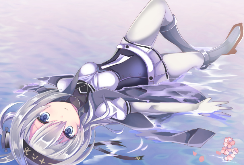 blue_eyes bodysuit_under_clothes boots breasts fathom hachimaki hair_ornament headband highres kantai_collection looking_at_viewer medium_breasts miniskirt skirt smile suzutsuki_(kantai_collection) water white_hair