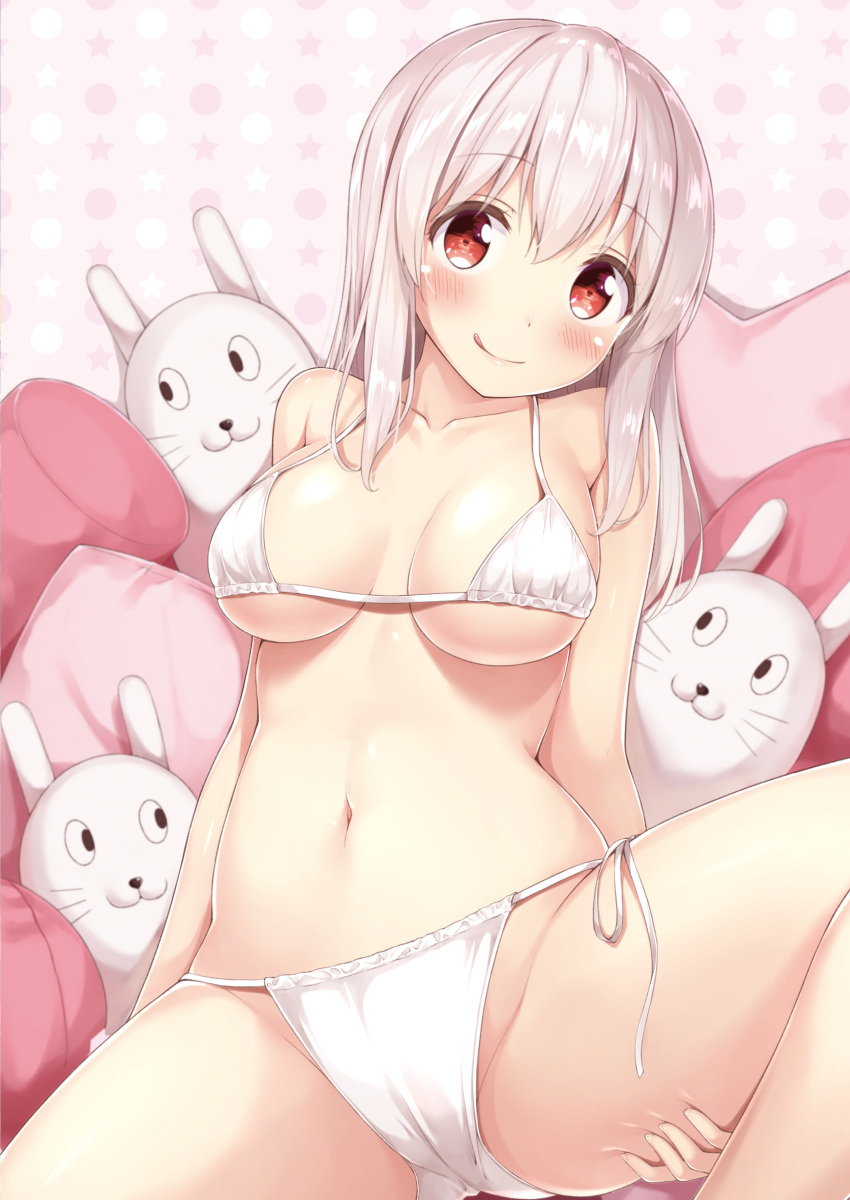 1girl :q absurdres bare_arms bare_legs bare_shoulders bikini blush breasts breasts_apart deep_skin eyebrows_visible_through_hair grabbing_own_thigh groin hair_between_eyes highres indoors karutamo long_hair looking_at_viewer medium_breasts navel original pillow red_eyes red_pillow shiny shiny_hair shiny_skin side-tie_bikini smile solo spread_legs stomach strap_gap string_bikini stuffed_animal stuffed_bunny stuffed_toy swimsuit thigh_gap tisshu_(karutamo) tongue tongue_out white_bikini white_hair