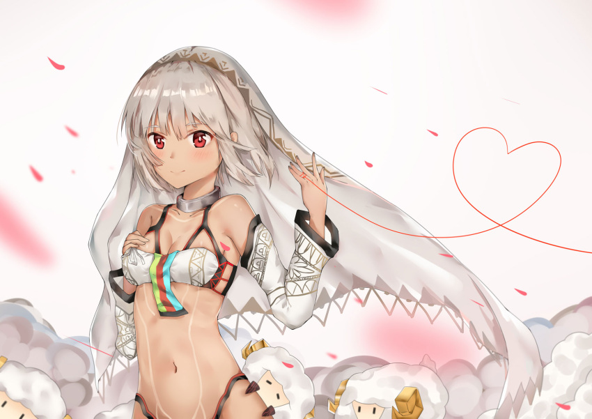 1girl altera_(fate) altera_the_santa arm_up bangs bare_shoulders black_nails blunt_bangs blush breasts choker cleavage closed_mouth commentary_request detached_sleeves eyebrows_visible_through_hair fate/grand_order fate_(series) fingernails full_body_tattoo hand_on_own_chest headdress heart heart_of_string highres jewelry looking_at_viewer midriff nail_polish navel red_eyes revealing_clothes sheep silver_hair small_breasts smile solo standing stomach tattoo veil yuuki_mix