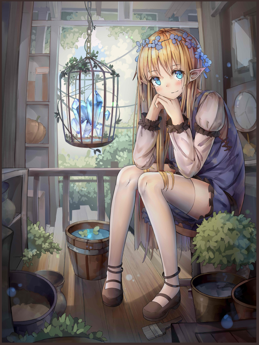 1girl absurdres birdcage blonde_hair blue_eyes blush bucket cage chin_rest crystal dress elbow_rest elf flower flower_pot hair_flower hair_ornament highres long_hair mary_janes original plant pointy_ears shoes short_dress sitting smile solo stool thigh-highs very_long_hair white_legwear