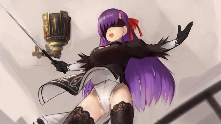 1girl bb_(fate)_(all) bb_(fate/extra_ccc) blindfold breasts cosplay hair_ornament highres large_breasts leotard long_hair nier_(series) nier_automata paintrfiend purple_hair ribbon solo thigh-highs yorha_no._2_type_b yorha_no._2_type_b_(cosplay)
