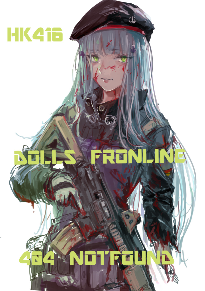 1girl assault_rifle bangs beret blood blood_on_face bloody_clothes blue_hair blunt_bangs broken_arm character_name coat engrish girls_frontline gloves green_eyes gun hair_ornament hat heckler_&amp;_koch highres hk416 hk416_(girls_frontline) holding holding_gun holding_weapon long_hair looking_at_viewer osakana_(denpa_yun'yun) ranguage rifle simple_background sketch smile solo weapon white_background