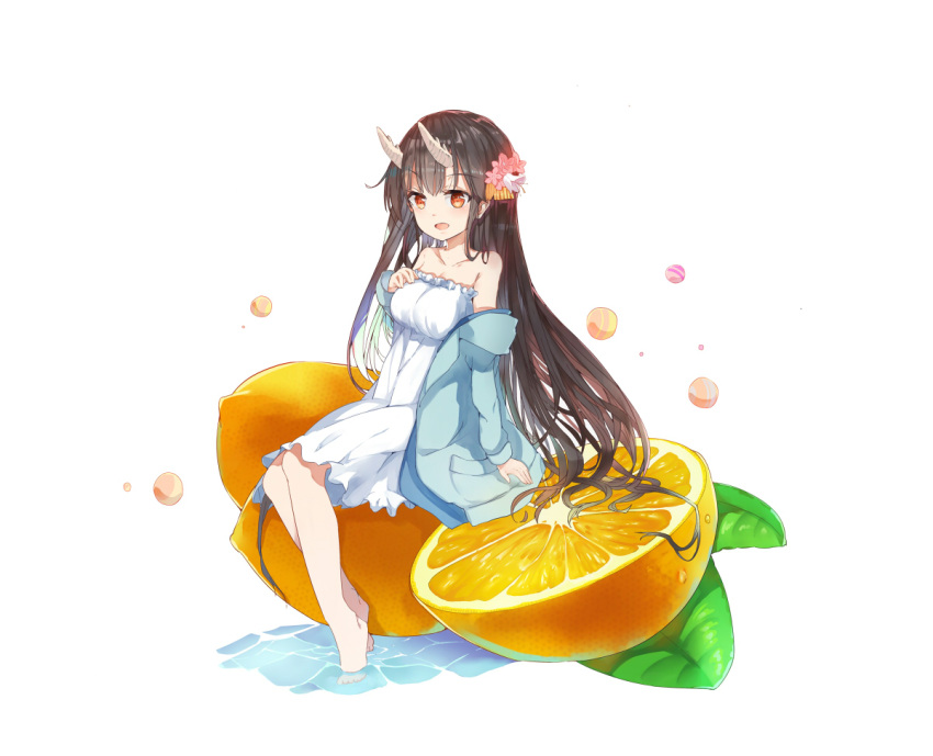 1girl :d bangs bare_shoulders blue_jacket blush brown_hair character_request collarbone dress eyebrows_visible_through_hair flower food fruit hair_flower hair_ornament horns jacket kai-ri-sei_million_arthur lemon long_hair long_sleeves looking_at_viewer million_arthur_(series) mitu_yang off_shoulder official_art open_clothes open_jacket open_mouth pink_flower red_eyes sitting smile solo strapless strapless_dress very_long_hair water white_background white_dress