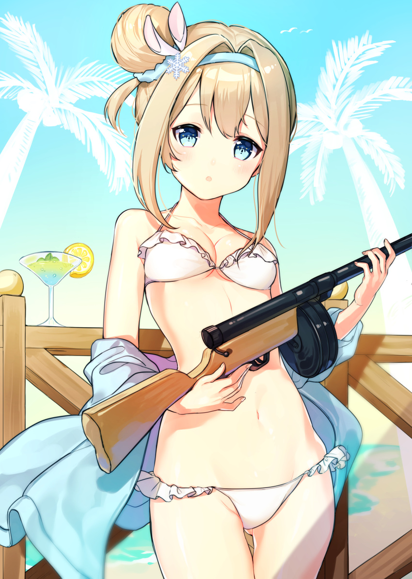 1girl absurdres ass_visible_through_thighs beach bikini blue_eyes blush breasts brown_hair cocktail_glass collarbone cona_kinaco cup drink drinking_glass eyebrows_visible_through_hair food frilled_bikini frills fruit girls_frontline gun hair_bun hairband halterneck head_tilt highres holding holding_gun holding_weapon jacket lemon lemon_slice looking_at_viewer medium_breasts navel palm_tree parted_lips silhouette solo standing submachine_gun suomi_kp/-31 suomi_kp31_(girls_frontline) swimsuit tree water weapon white_bikini