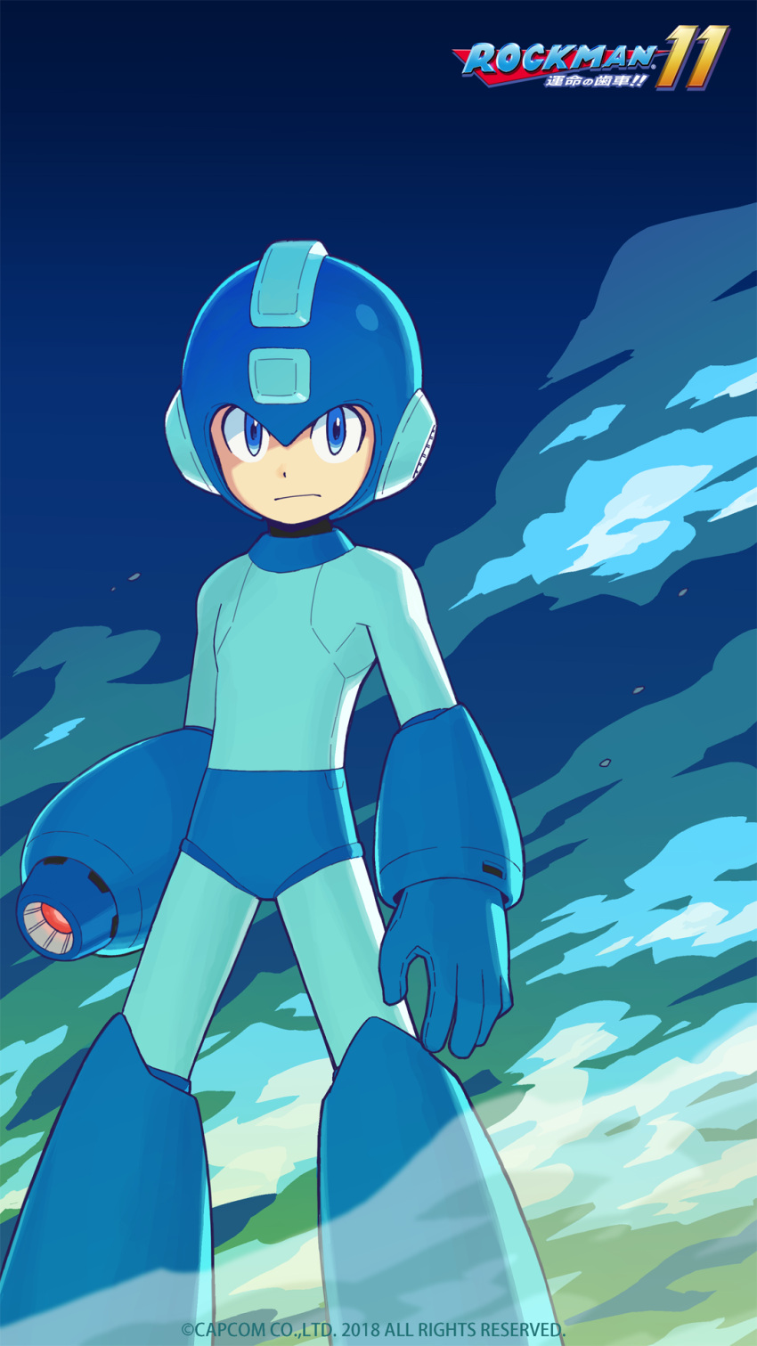 1boy android arm_cannon artist_request blue_eyes capcom helmet highres looking_at_viewer male_focus official_art rockman rockman_(character) rockman_(classic) rockman_11 serious smoke solo weapon