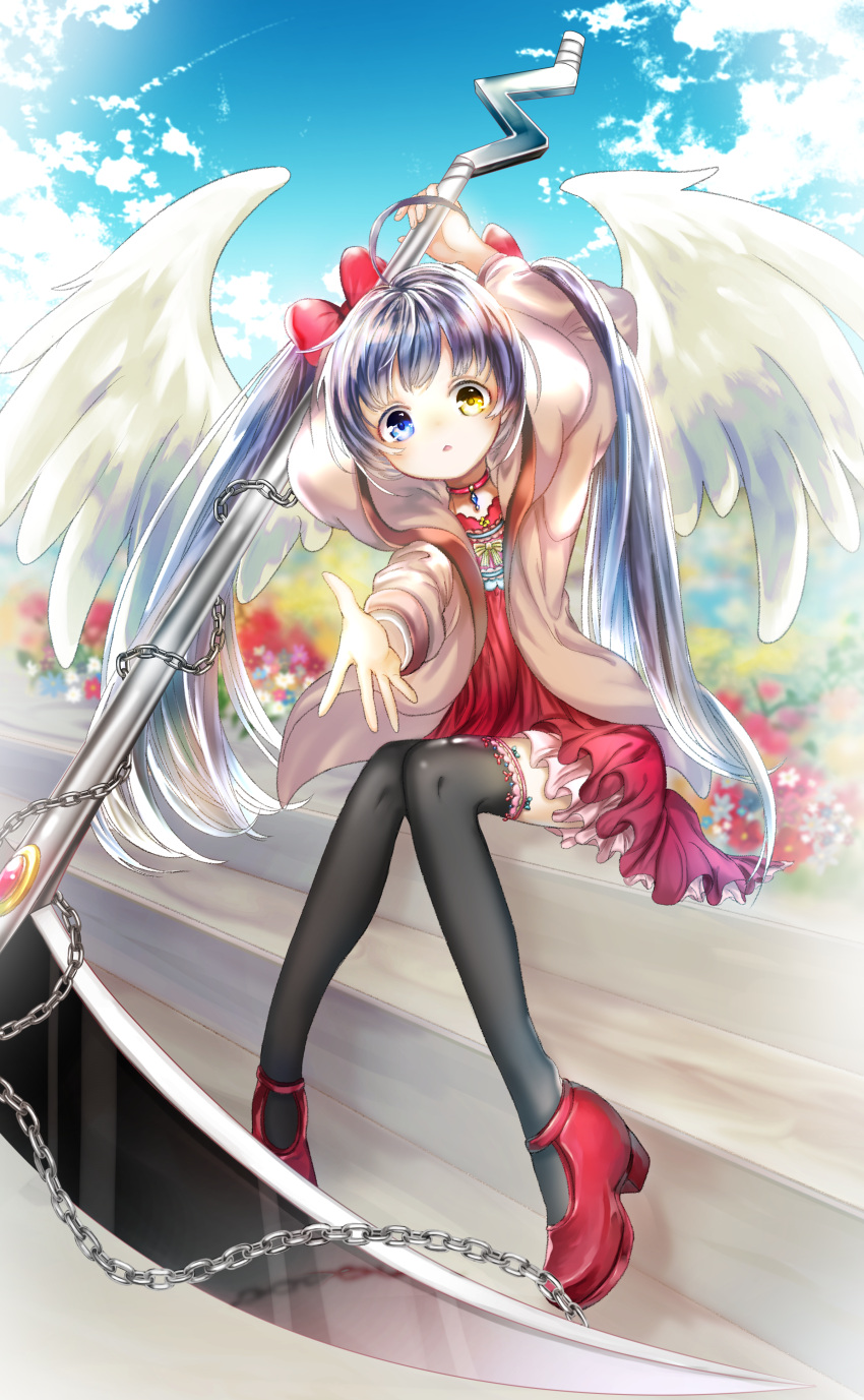 1girl absurdres ahoge arm_up bangs black_legwear blue_eyes blue_flower blue_sky bow brown_jacket chains clouds cloudy_sky day dress feathered_wings fingernails flower fuyusuke_(hz+) hair_bow head_tilt heterochromia highres holding holding_scythe hood hood_down hooded_jacket jacket leaning_to_the_side long_sleeves looking_at_viewer original outdoors outstretched_arm parted_lips puffy_long_sleeves puffy_sleeves red_bow red_dress red_flower red_footwear scythe shoes silver_hair sitting sky solo stairs thigh-highs white_flower white_wings wings yellow_eyes yellow_flower