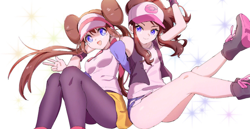 2girls ankea_(a-ramo-do) arm_over_shoulder ass baseball_cap black_legwear black_wristband blue_eyes breasts brown_hair creatures_(company) cutoffs denim denim_shorts double_bun facing_viewer game_freak hat highres leg_up legs long_hair mei_(pokemon) multiple_girls nintendo pantyhose pokemon pokemon_(game) pokemon_bw pokemon_bw2 shorts simple_background sitting sparkle_background thighs touko_(pokemon) v visor_cap yellow_shorts