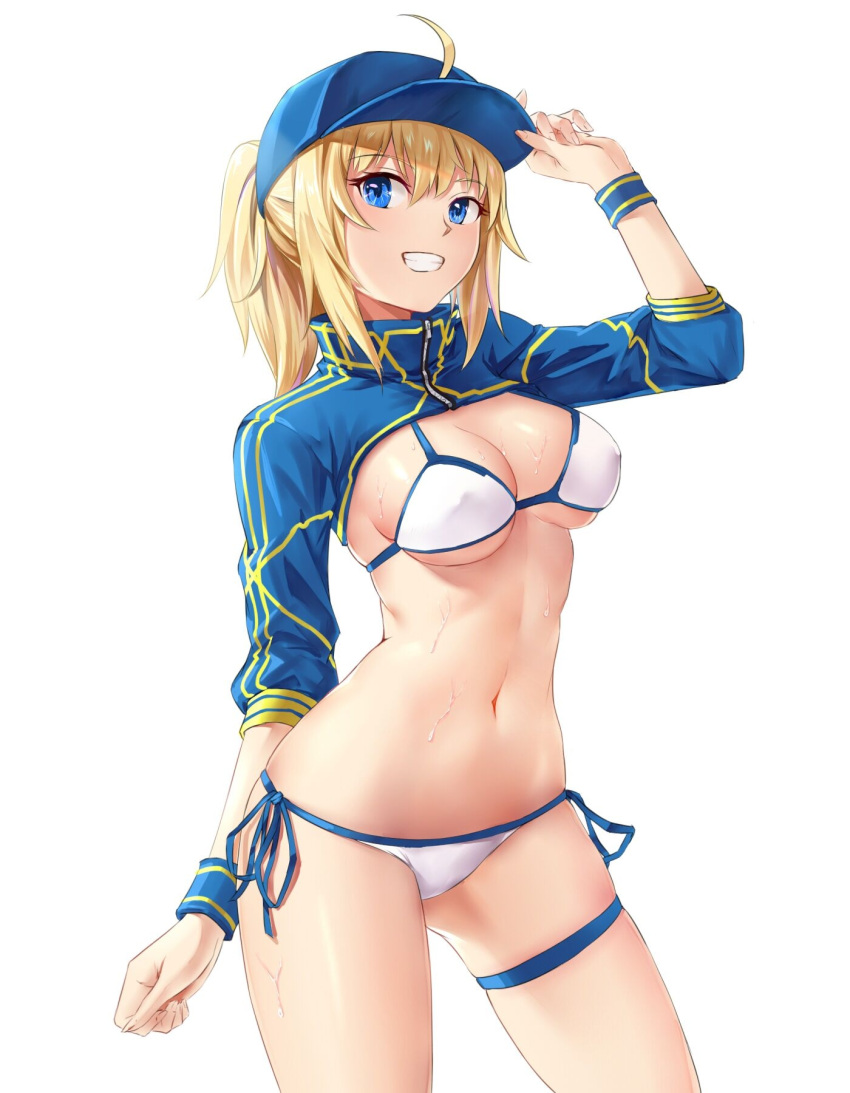 1girl ahoge arm_up artoria_pendragon_(all) bangs baseball_cap bikini blonde_hair blue_eyes blue_hat blue_jacket breasts chitu_hefeng_zhong eyebrows_visible_through_hair fate/grand_order fate_(series) fingernails grin hair_between_eyes hair_through_headwear hand_on_headwear hat head_tilt highres jacket long_hair long_sleeves looking_at_viewer medium_breasts mysterious_heroine_xx_(foreigner) navel ponytail side-tie_bikini sidelocks simple_background smile solo standing swimsuit white_background white_bikini wristband