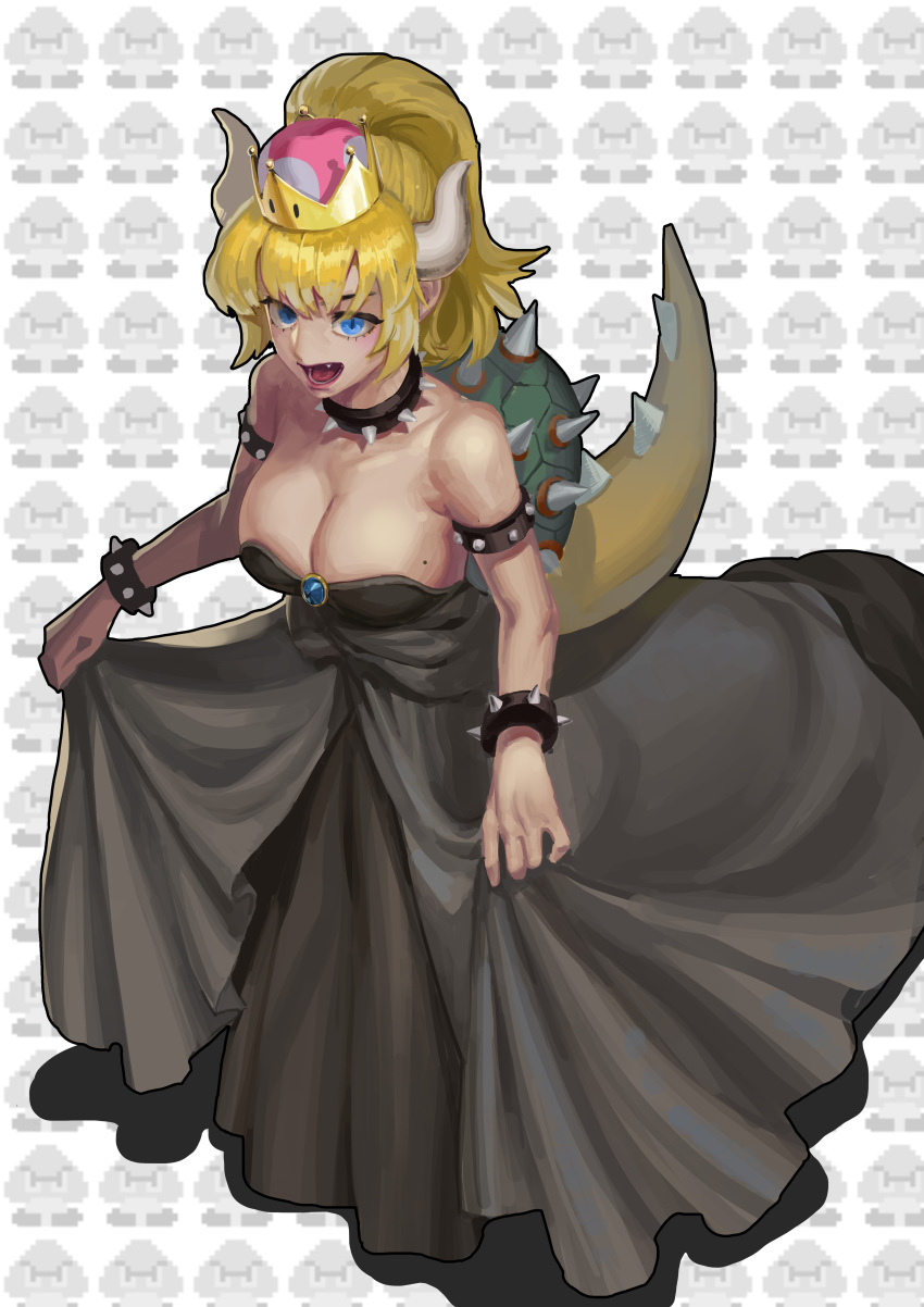 1girl absurdres bangs bare_shoulders black_dress blonde_hair bowsette bracelet breasts brooch cleavage collar collarbone dress dress_grab fang full_body goomba hair_between_eyes highres horns jewelry large_breasts light_blue_eyes lipstick long_ponytail looking_afar makeup super_mario_bros. new_super_mario_bros._u_deluxe nintendo open_mouth outline patterned_background sapphire_(stone) sb_(dlwnsrl1783) shiny shiny_hair sidelocks slit_pupils solo spiked_bracelet spiked_collar spiked_shell spiked_tail spikes strapless strapless_dress super_crown teeth toned white_background