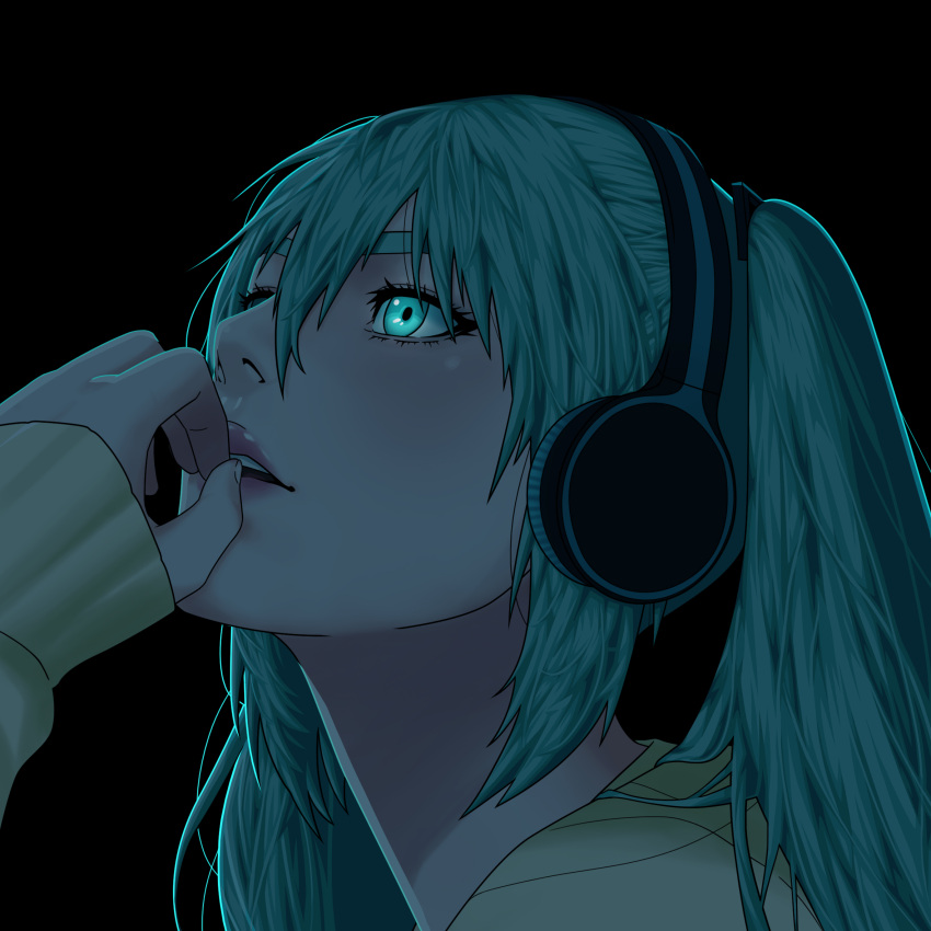1girl aqua_eyes aqua_hair finger_to_mouth hair_between_eyes hatsune_miku headphones highres lips matoi92 parted_lips sleeves_past_wrists solo teeth twintails vocaloid