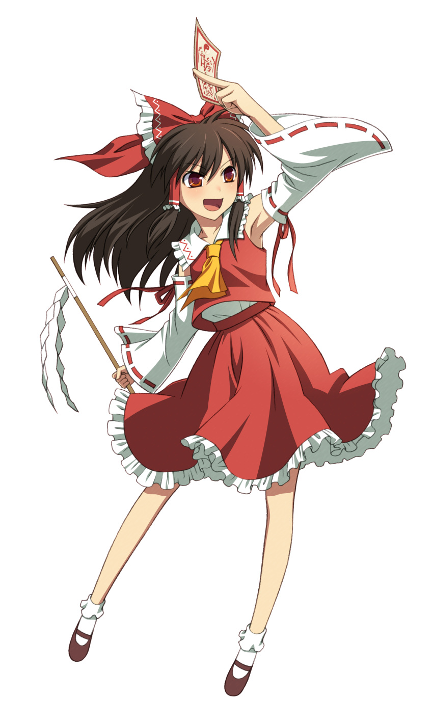 1girl absurdres arm_up ascot bow brown_hair detached_sleeves full_body gohei hair_bow hair_tubes hakurei_reimu highres holding long_hair mary_janes official_art ofuda open_mouth red_bow red_eyes red_skirt ribbon-trimmed_sleeves ribbon_trim shoes simple_background skirt skirt_set socks solo touhou white_background white_legwear