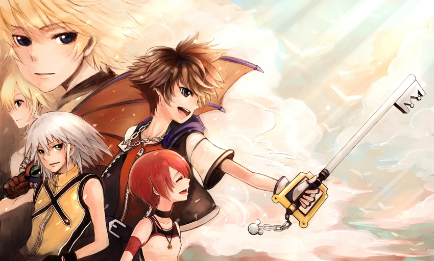 blonde_hair blue_eyes brown_hair fingerless_gloves gloves kairi_(kingdom_hearts) keyblade kingdom_hearts kingdom_hearts_ii medium_hair multiple_boys multiple_girls namine redhead riku roxas short_hair smile sora_(kingdom_hearts) weapon