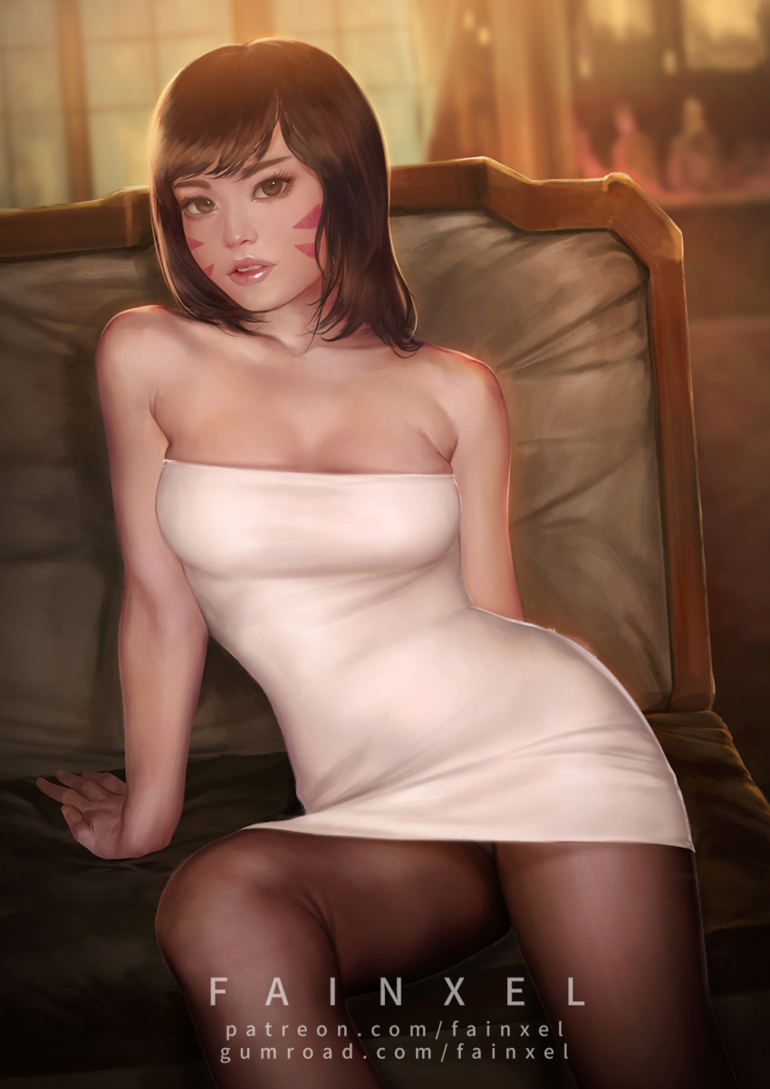 1girl alternate_costume arm arm_support arms_at_sides artist_name bare_arms bare_shoulders black_legwear blurry blurry_background breasts brown_eyes brown_hair chair cleavage collarbone commentary d.va_(overwatch) dress english_commentary facial_mark fainxel female gumroad_username highres legs lips lipstick looking_at_viewer makeup medium_breasts overwatch pantyhose parted_lips patreon_username pink_lipstick short_dress short_hair sitting solo strapless strapless_dress tube_dress watermark web_address white_dress