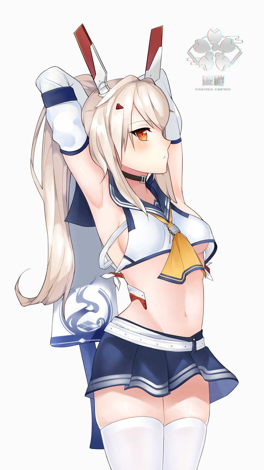 1girl absurdres antennae armpits arms_behind_head arms_up artist_request ayanami_(azur_lane) azur_lane belt blue_skirt breasts brown_hair choker crop_top from_side hair_ornament hairclip highres long_hair medium_breasts midriff miniskirt navel orange_eyes ponytail shirt sideboob simple_background skirt sleeveless sleeveless_shirt solo standing thigh-highs under_boob white_background white_legwear white_shirt zettai_ryouiki