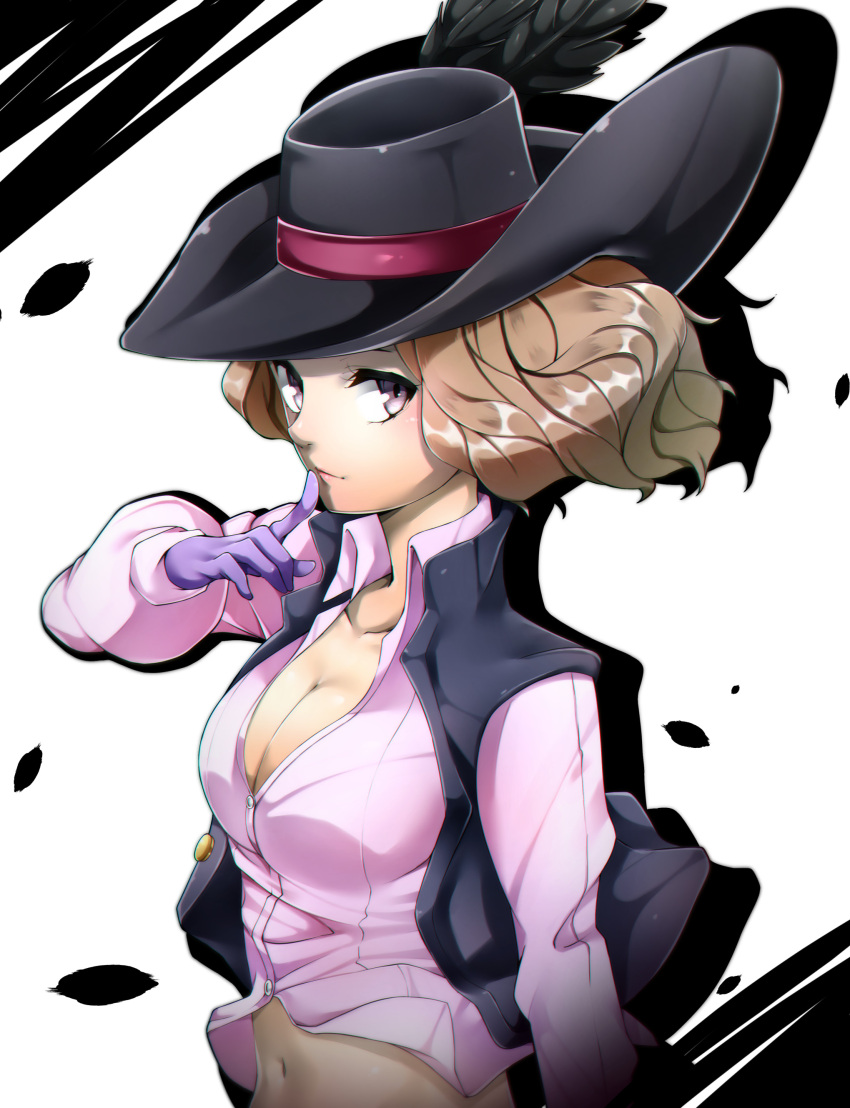 1girl absurdres breasts brown_hair cleavage cravat gloves hat hat_feather highres imo_(evekelu-111) looking_at_viewer medium_breasts navel okumura_haru persona persona_5 pink_eyes puffy_sleeves purple_gloves solo unbuttoned unbuttoned_shirt upper_body vest