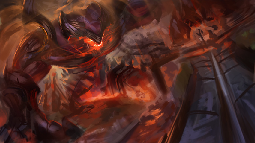 1boy aatrox armor commentary_request glowing helmet highres league_of_legends male_focus red_theme sketch solo sword weapon wutu_(1183238220)