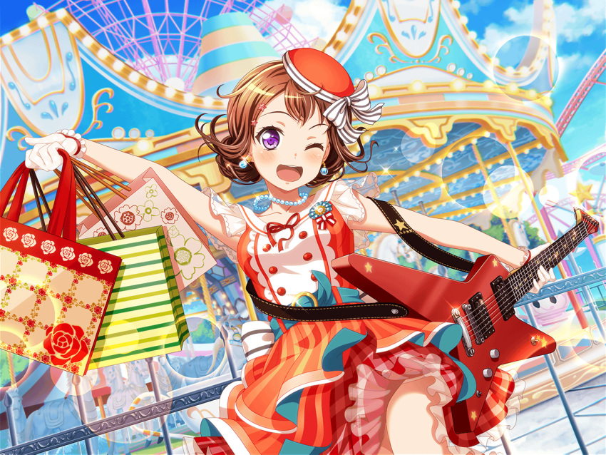 1girl alternate_hairstyle bang_dream! blush brown_hair carousel cloud day dress earrings ferris_wheel guitar holding_bag holding_instrument looking_at_viewer official_art open_mouth pearl_necklace shopping_bag short_hair smile solo sparkle star_hair_ornament toyama_kasumi violet_eyes wink