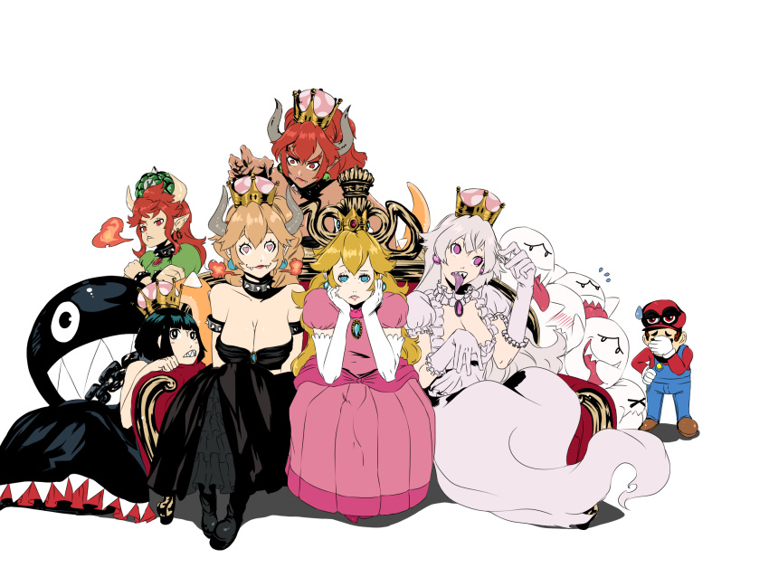 1boy 6+girls :3 armlet artist_request black_collar black_hair blonde_hair blue_eyes boo borrowed_design bowser bowsette bracelet breasts breathing_fire brooch cappy_(mario) chain_chomp chin_rest cleavage collar commentary_request couch crown dress earrings facepalm fang fangs fire frilled_dress frills genderswap gloves heart heart-shaped_pupils highres horns jewelry koopa_peach large_breasts long_tongue mario super_mario_bros. multiple_girls new_super_mario_bros._u_deluxe nintendo pink_eyes pointy_ears princess_king_boo princess_peach puffy_short_sleeves puffy_sleeves purple_tongue redhead sharp_teeth short_sleeves sidelocks sitting smile spiked_armlet spiked_bracelet spiked_collar spiked_tail spikes strapless strapless_dress super_crown super_mario_bros. sweatdrop symbol-shaped_pupils teeth thick_eyebrows tongue tongue_out white_dress white_gloves